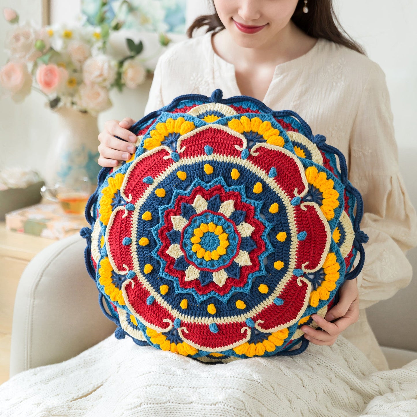 Lotus Jewel Pillow Case Crochet Yarn Kit | Susan's Family Chinese Aesthetics Cushion Cover