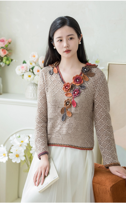 Flora V-neck Pullover Crochet Yarn Kit | Secret Garden Series | Susan's Family